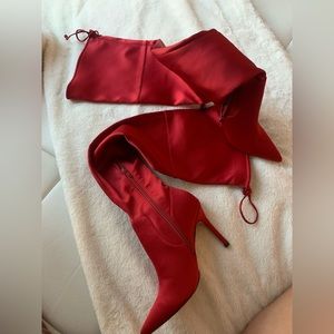 This is a gorgeous red cetim Long boots number 8 USA from Aldo ! Look like new